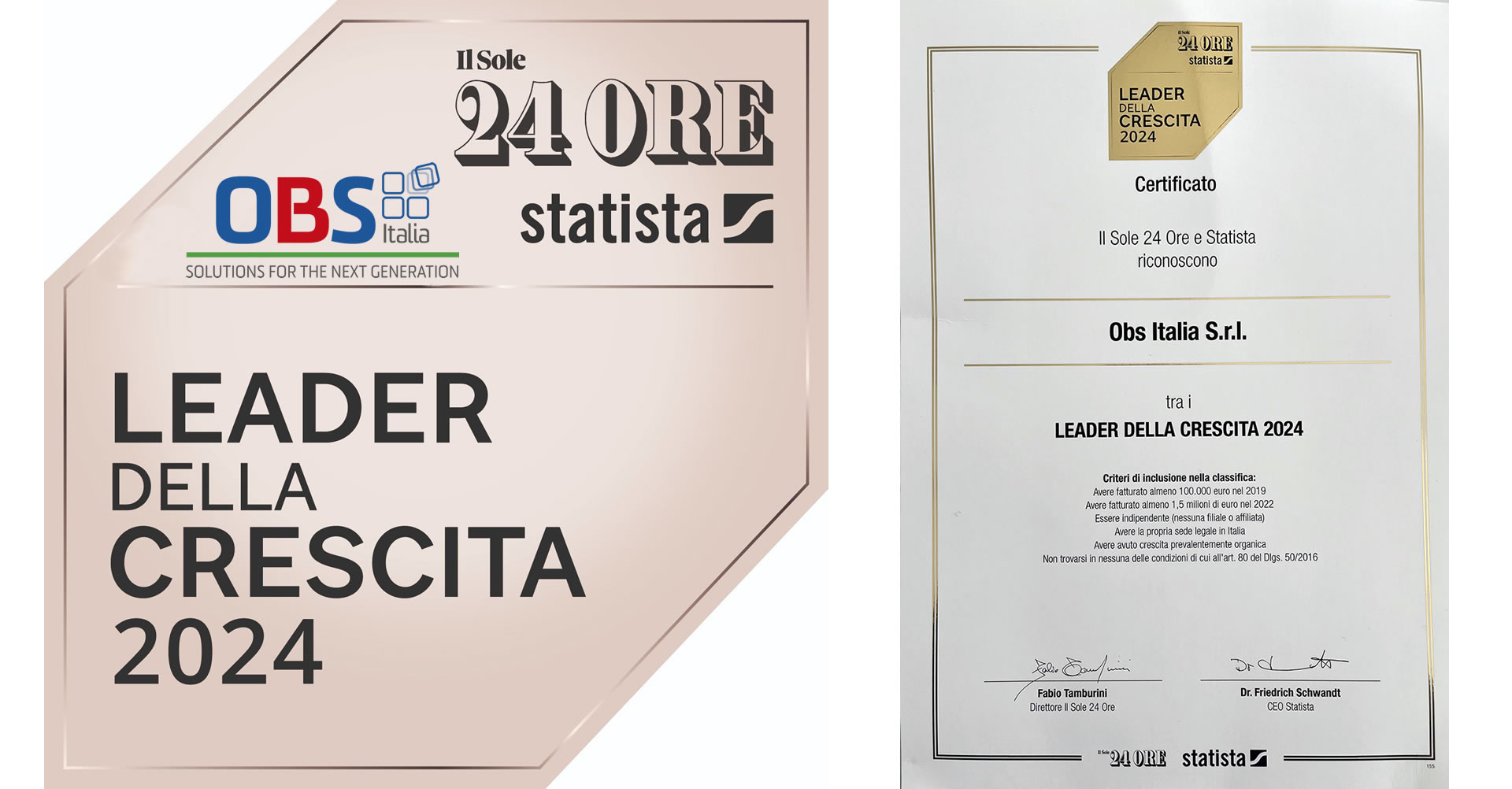 Sole24ore - OBS Italia attestato Leader crescita 2024